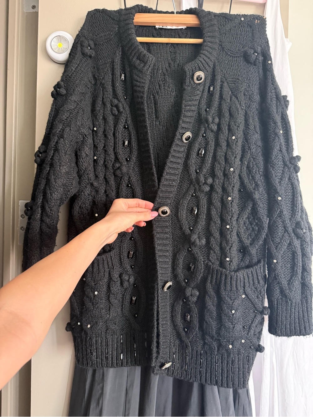 Zara Black Cable Knit Cardigan with Pom-Pom and Bead Details